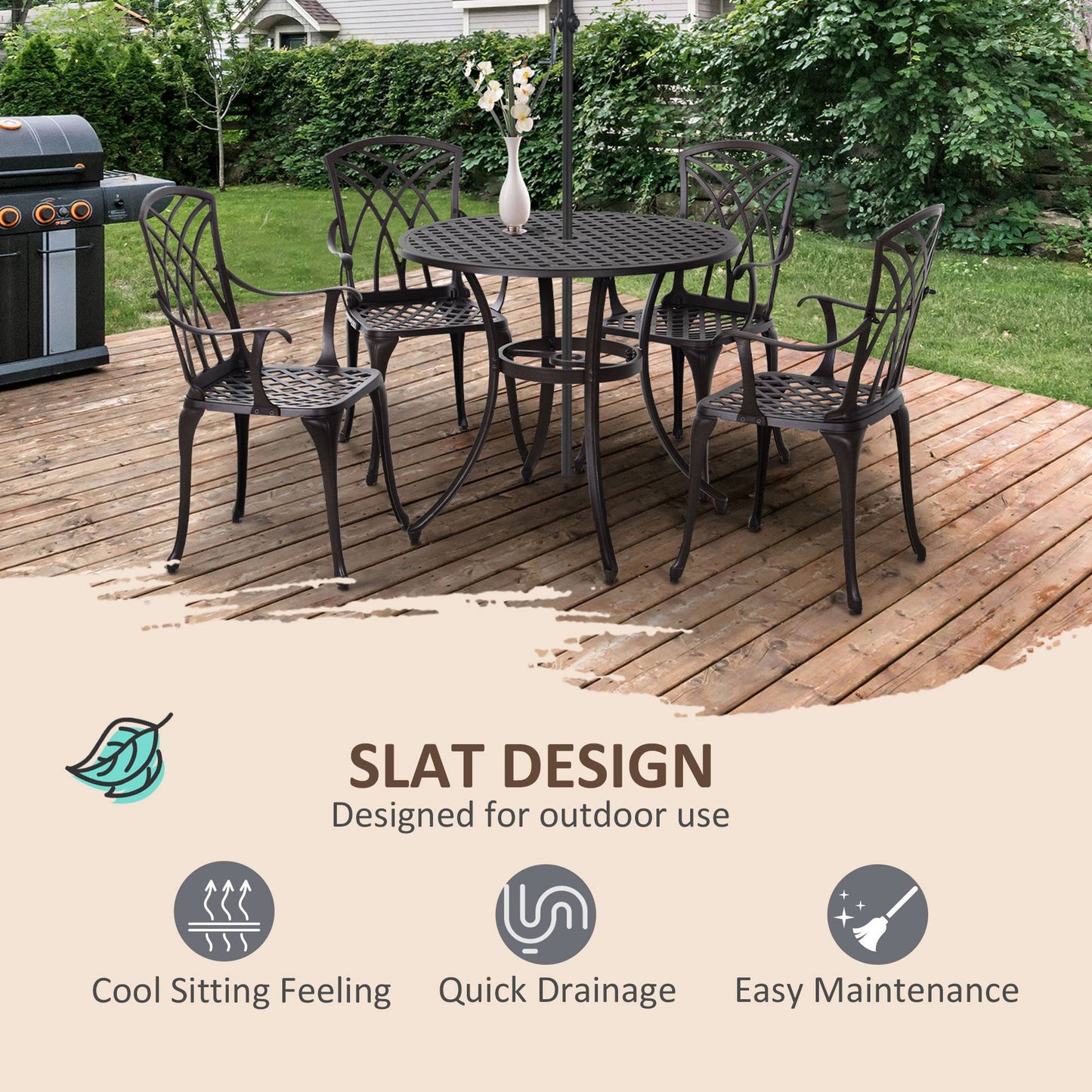 5-Piece Outdoor Dining Set, Cast Aluminum Patio Table and Chairs with Umbrella Hole, Brown