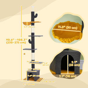Cat tree with adjustable height from 230 to 274 cm, scratching posts, hammock, house, play ball, dark gray