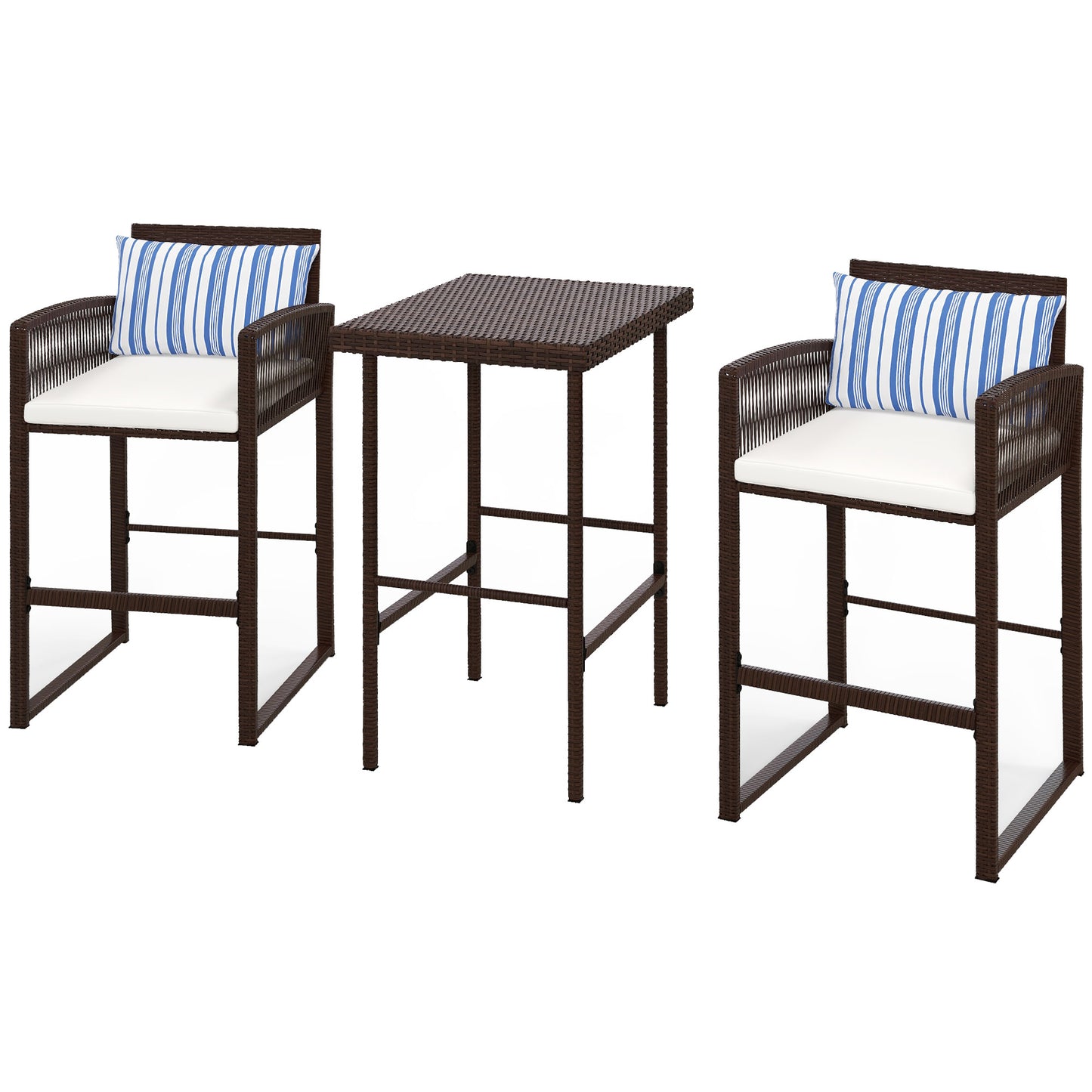 Ensemble de bar 3 pièces en osier, table et chaises de bar avec coussins,