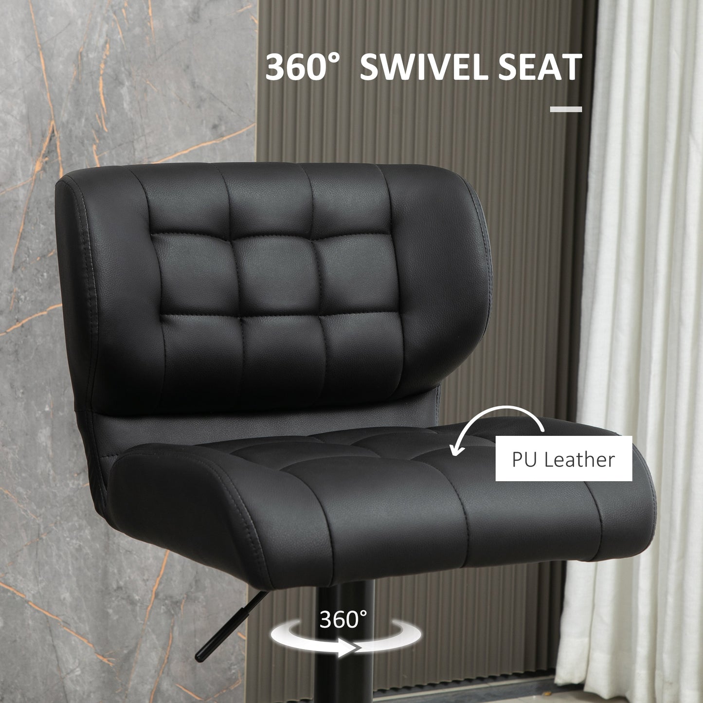 Set of 2 Adjustable Faux Leather Swivel Bar Stools with Footrest, Black