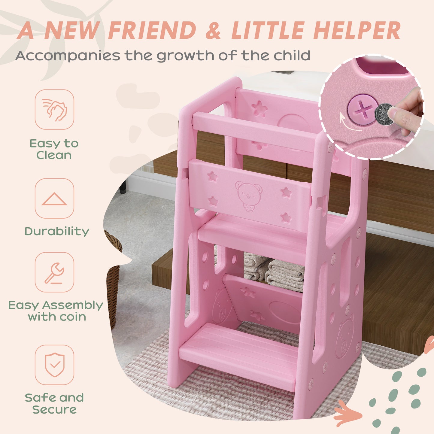 Toddler Kitchen Stool, 2 Steps, with Height Adjustable Platform and Safety Rail, Pink