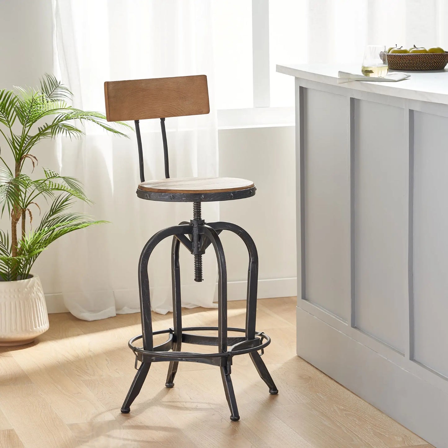 Rustic Fir Wood Bar Stool with Iron Legs, Swivel Footrest, Natural