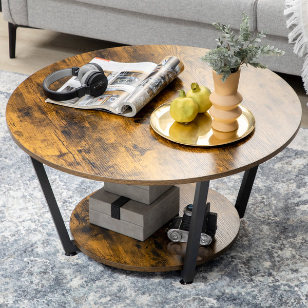 Table basse ronde à 2 niveaux avec étagère de rangement, marron rustique