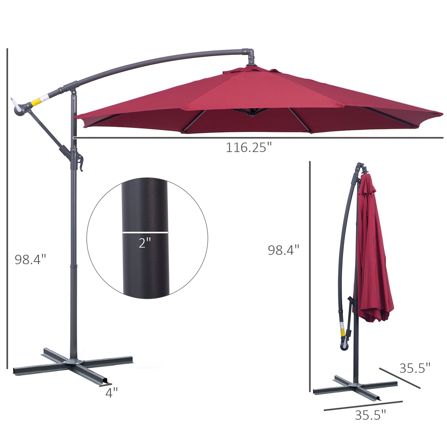 Outsunny Deluxe 10' Patio Umbrella, Offset Hanging Umbrella with Crank, Cross Base, Wine Red
