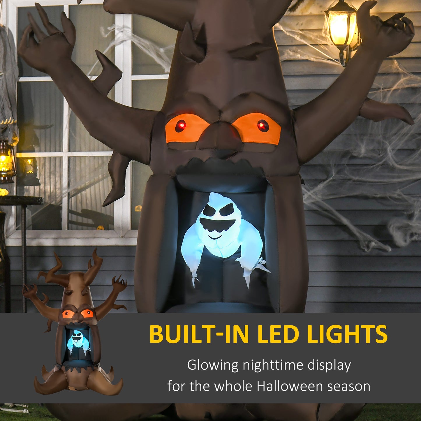 Décoration gonflable d'Halloween arbre hanté avec fantôme blanc, affichage LED extérieur