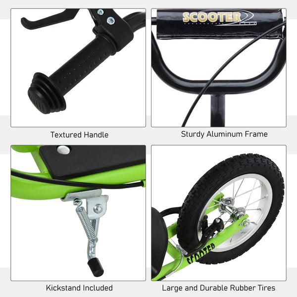 Trottinette avec guidon réglable, double frein, roues gonflables, verte