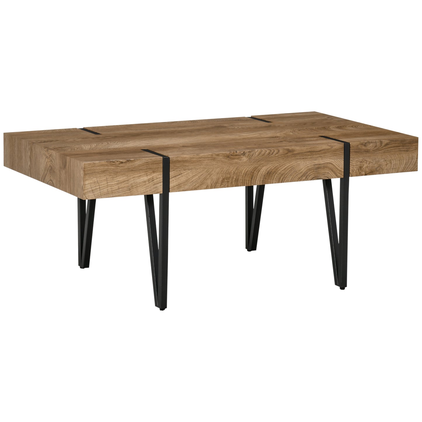 Table basse rustique centrale rectangulaire nature avec pieds en épingle à cheveux en acier pour salon