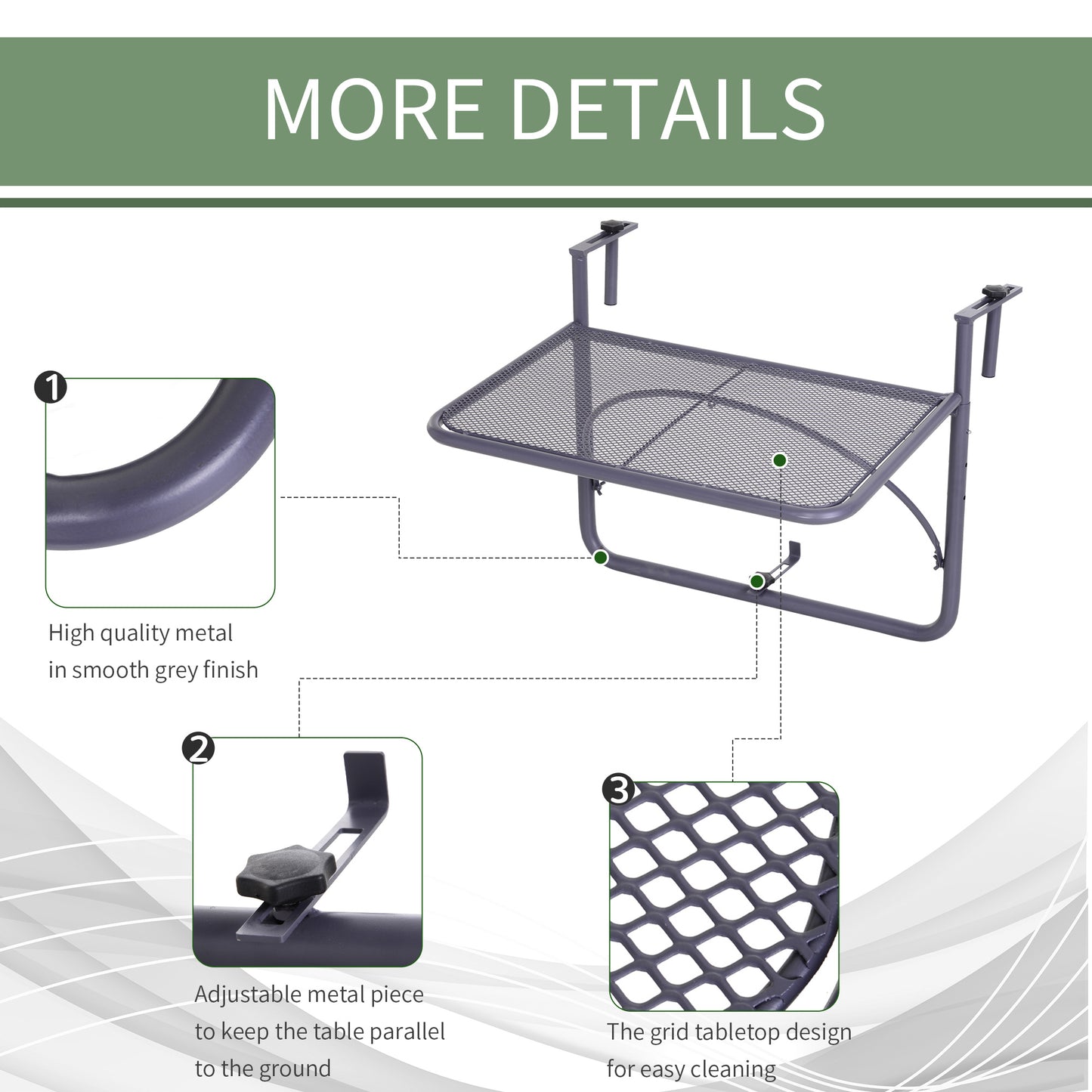 Outsunny Adjustable Balcony Hanging Rail Table Metal Mounting Mini Wall Desk Outdoor Flower Stand Serving Table, Gray |