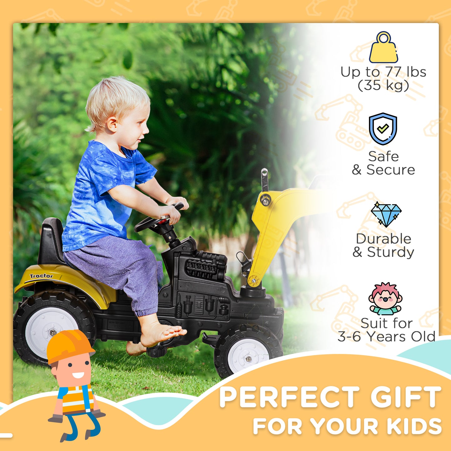 Pedal Tractor for 3 Year Olds, Yellow