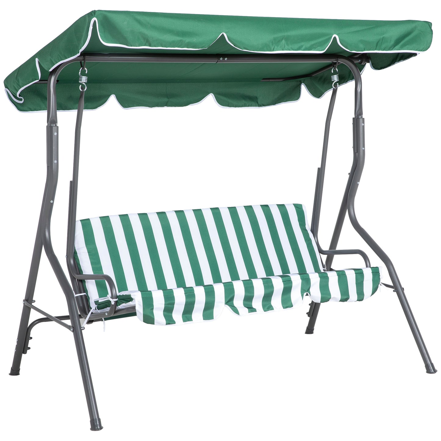 Outsunny 3 Seater Patio Swing, Outdoor Swing Chair with Adjustable Canopy, Removable Cushion and Weatherproof Steel Frame, for Garden, Poolside, Green and White
