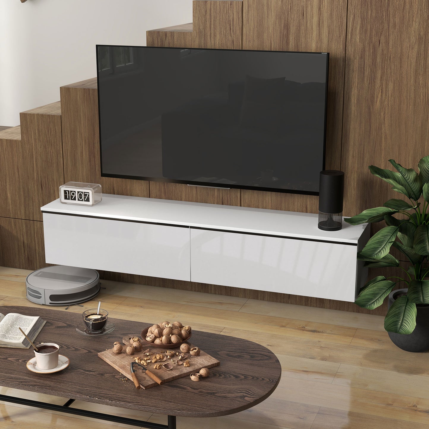 Meuble TV mural flottant pour téléviseurs jusqu'à 70 pouces avec rangement, effet brillant, blan