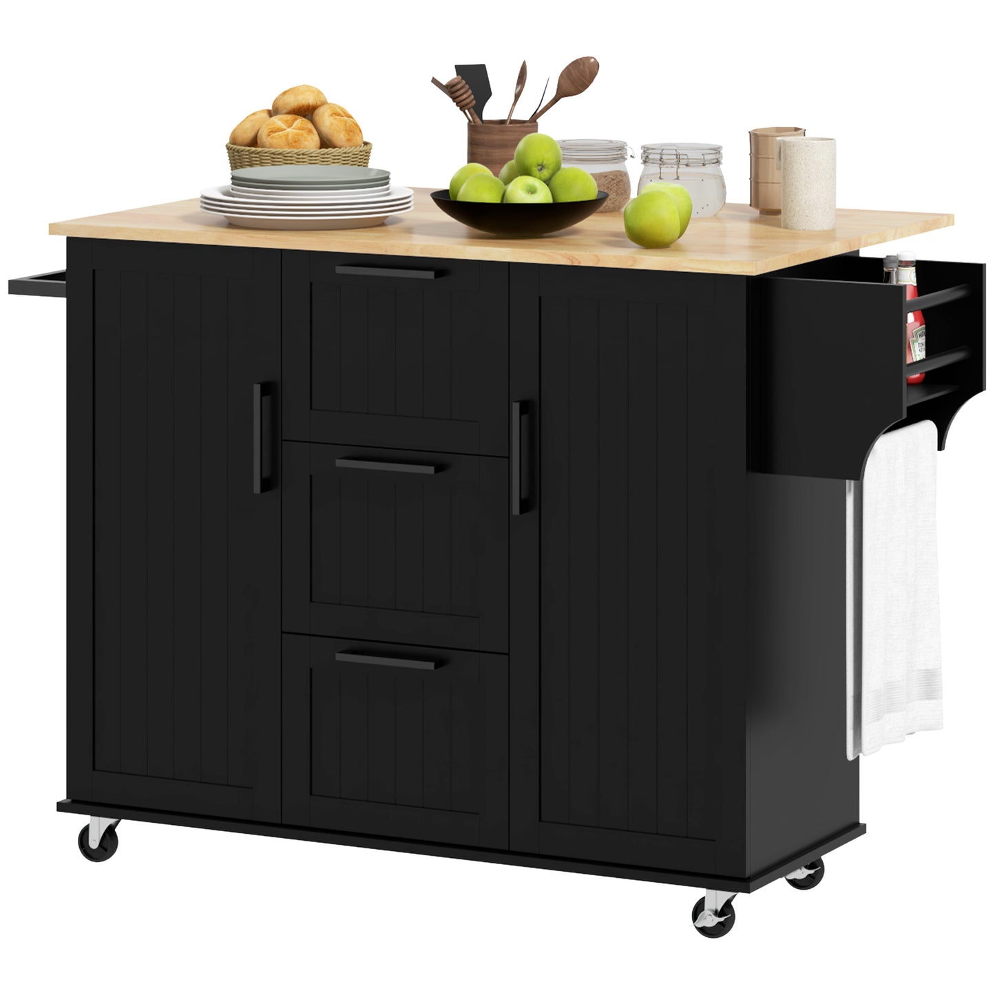 Desserte de cuisine sur roulettes avec abattant, 3 tiroirs, plateau en bois massif et porte-serviettes, noir