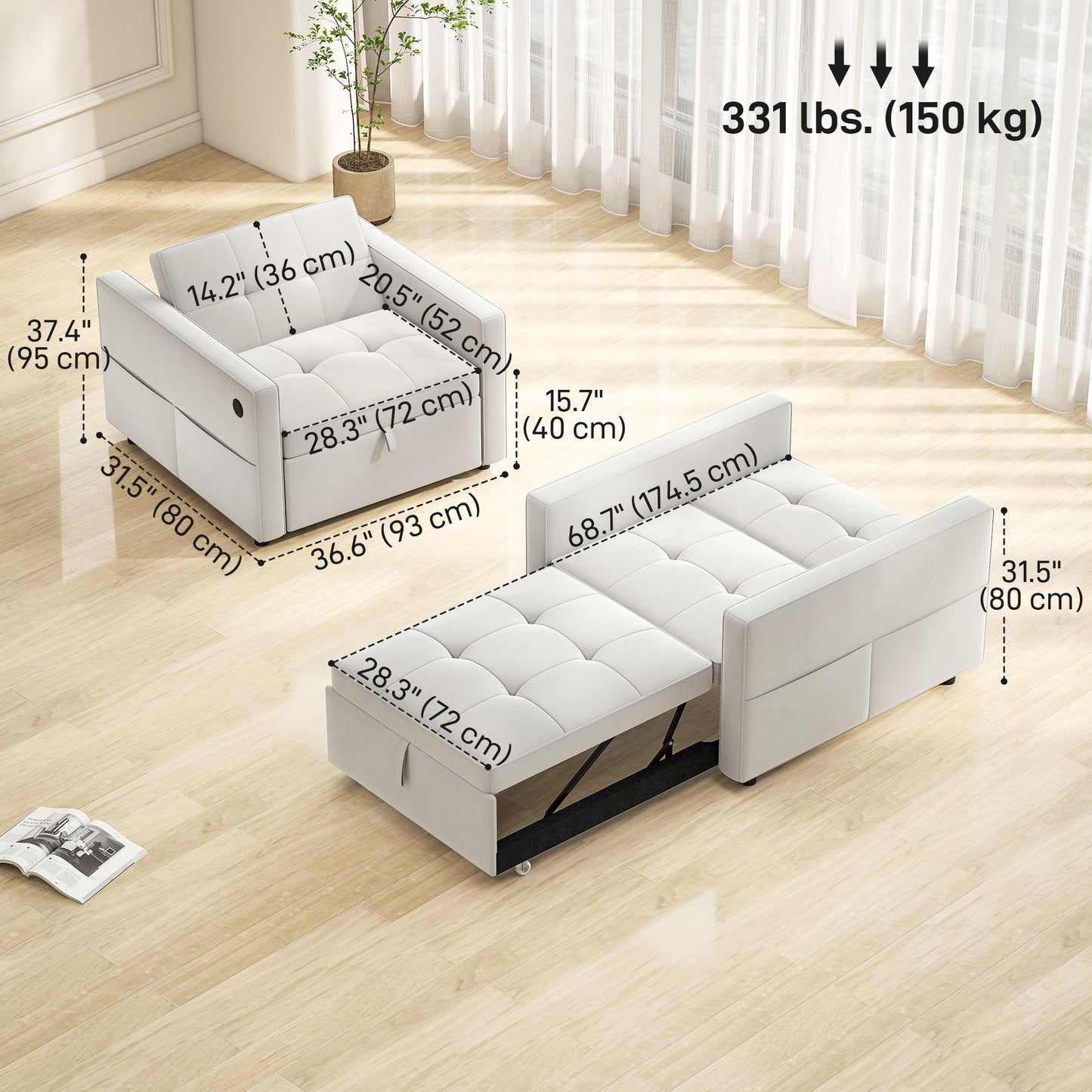 Fauteuils-lits avec port USB, dossier réglable en velours, blanc crème