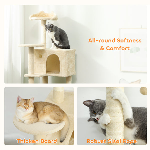 Arbre à chat de 160 cm avec griffoirs, cabanes, perchoirs moelleux, hamac, échelle, beige