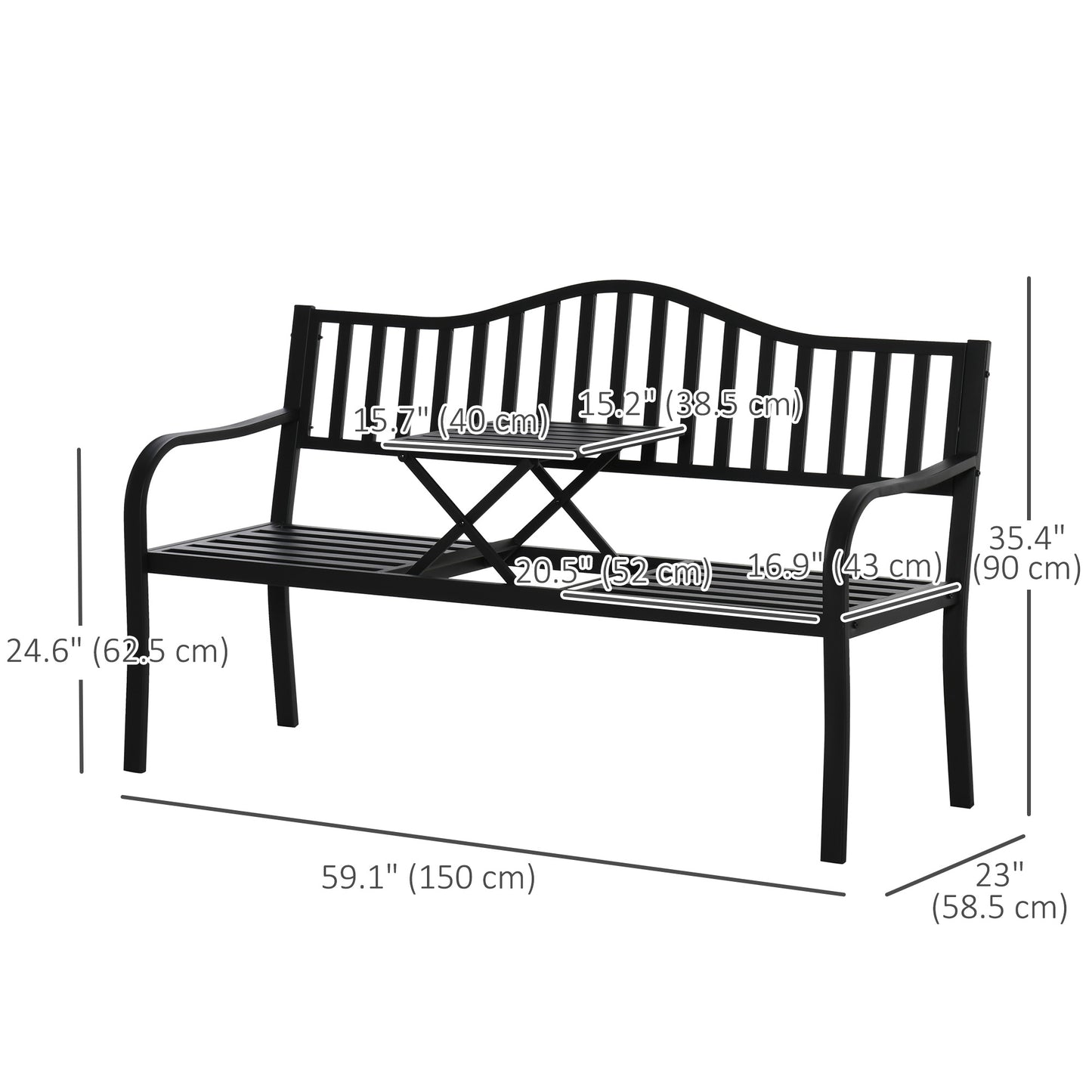 Banc d'extérieur en métal avec table centrale relevable pour 2 à 3 personnes, noir