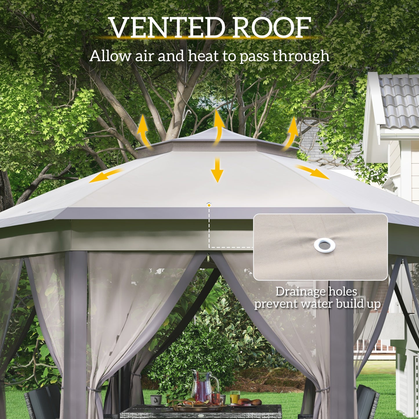 Gazebo pliant 13' x 13' avec filet et sac de transport, hexagonales, café et beige