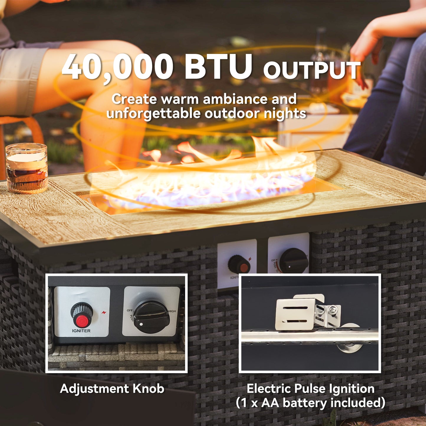 Table de foyer au propane 32 po en rotin de 40 000 BTU avec support de bouteille de propane dissimulé et housse imperméable