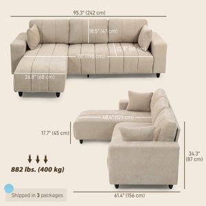 Canapé sectionnel avec assise intégrée, méridienne amovible, 2 coussins, beige