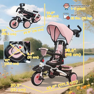 Tricycle 6 en 1 avec poignée de poussée, auvent amovible, siège pivotant, rose