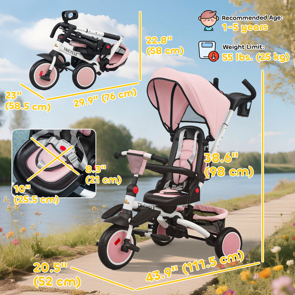 Tricycle 6 en 1 avec poignée de poussée, auvent amovible, siège pivotant, rose