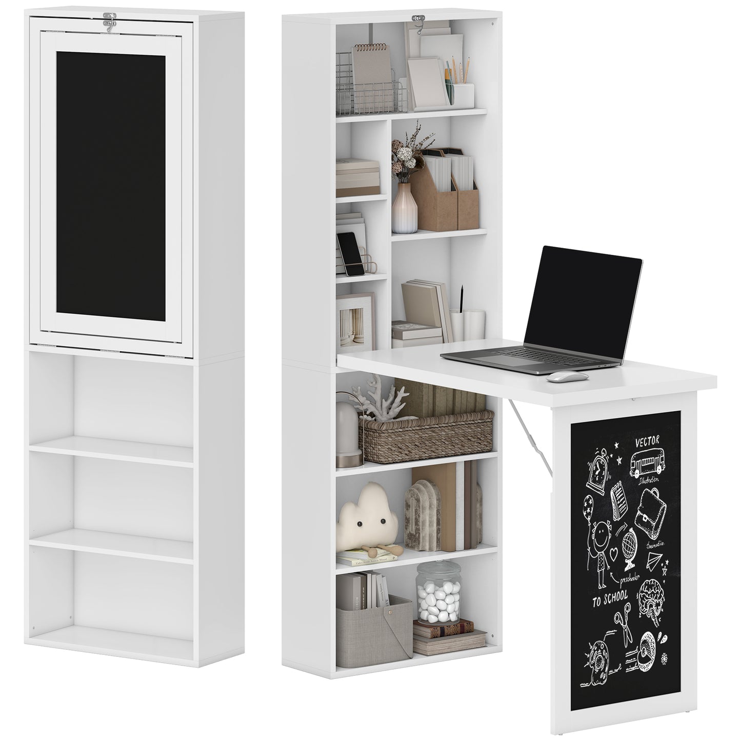 Bureau d'ordinateur mural pliable et convertible avec tableau noir et étagère latérale, blanc