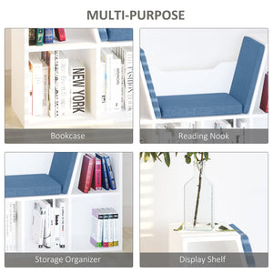 Bibliothèque à 6 compartiments avec coussin d'assise pour coin de lecture, bleu