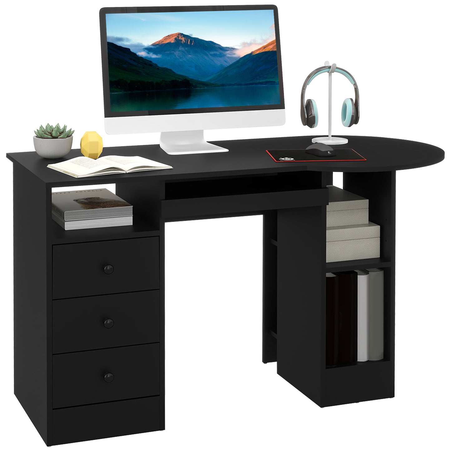 Bureau d'ordinateur avec étagères et tiroirs, plateau pour clavier, noir