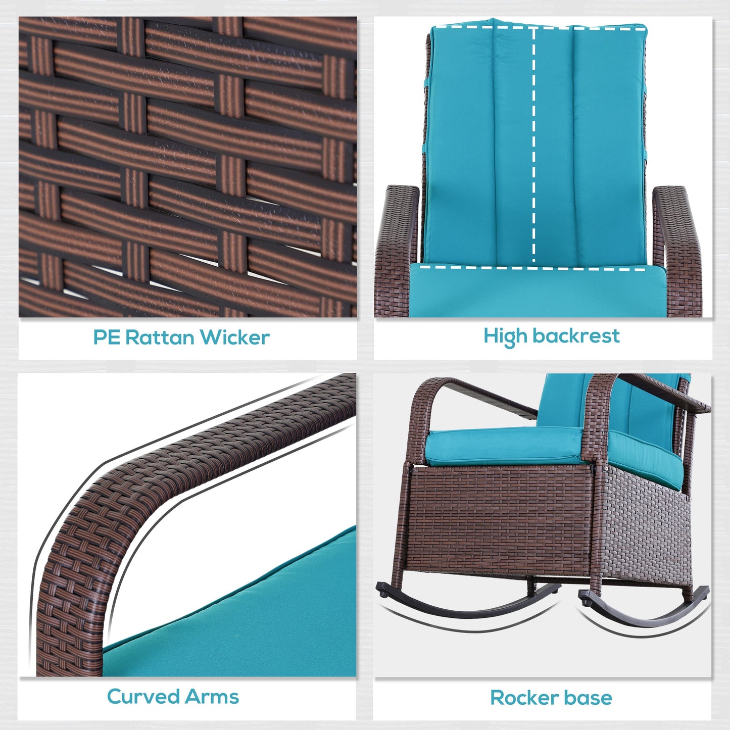 Fauteuil à bascule en rotin synthétique avec coussin, repose-pieds réglable et accoudoirs, turquoise