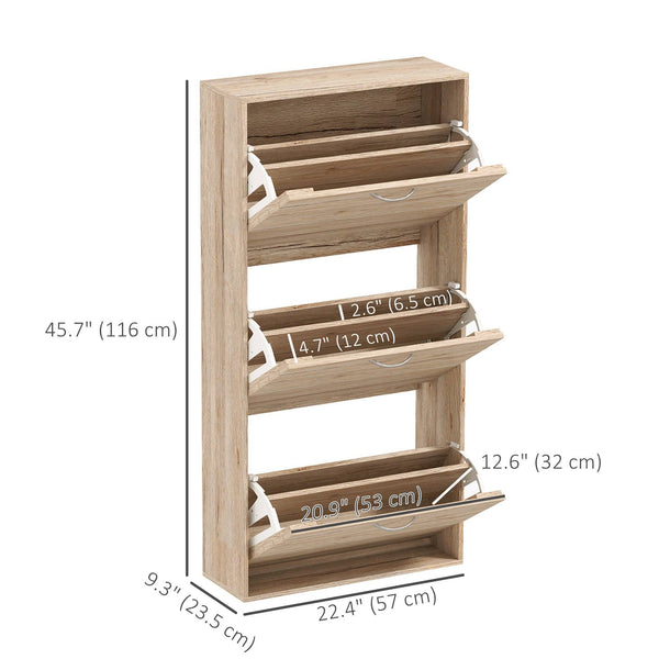 Meuble de rangement à chaussures avec 3 tiroirs rabattables pour 12 paires de chaussures, chêne