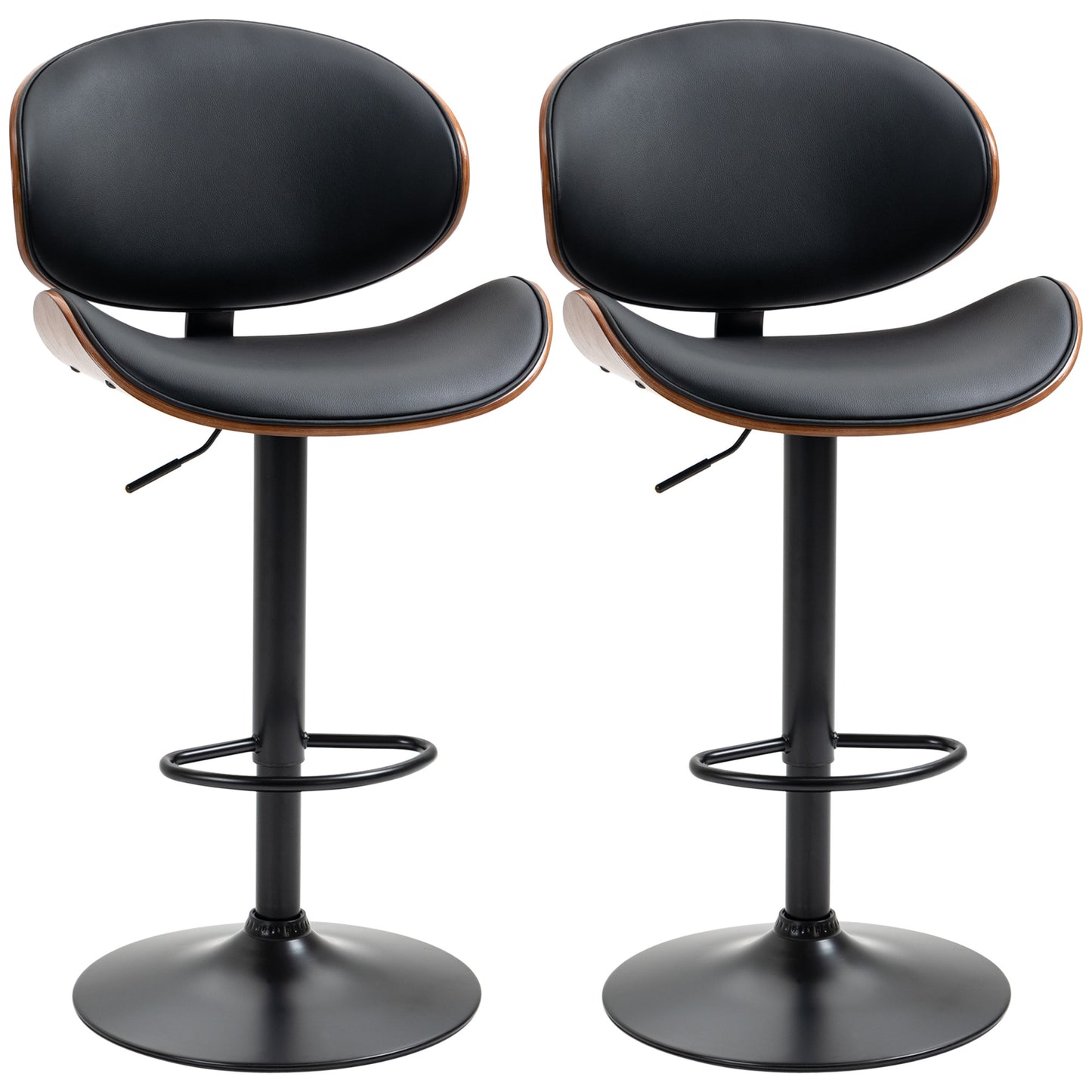 Set of 2 Modern PU Leather Adjustable Swivel Bar Stools with Curved Backrest, Steel Footrest and Base, Black