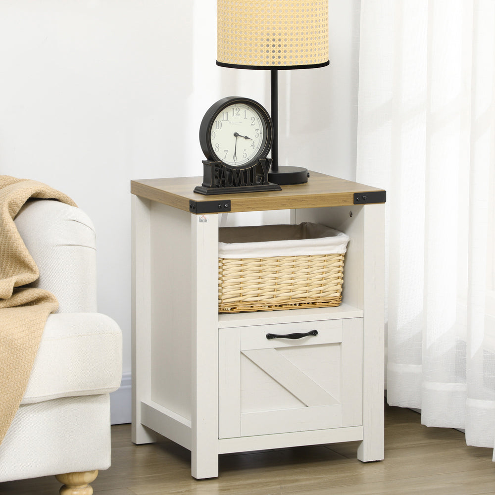 Table d'appoint style farmhouse avec rangement, blanche