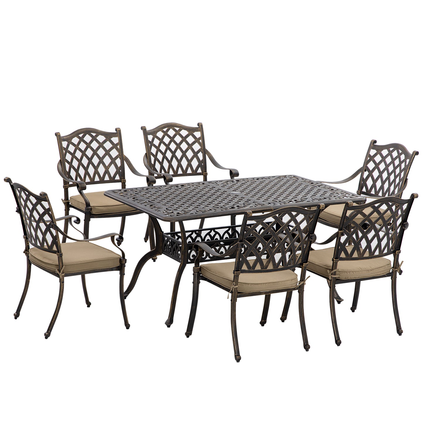 Outsunny 7 Piece Garden Dining Set with Umbrella Hole, Cast Aluminum Outdoor Furniture Set with 6 Padded Chairs and Rectangular Dining Table, for Garden, Lawn and Patio, Khaki
