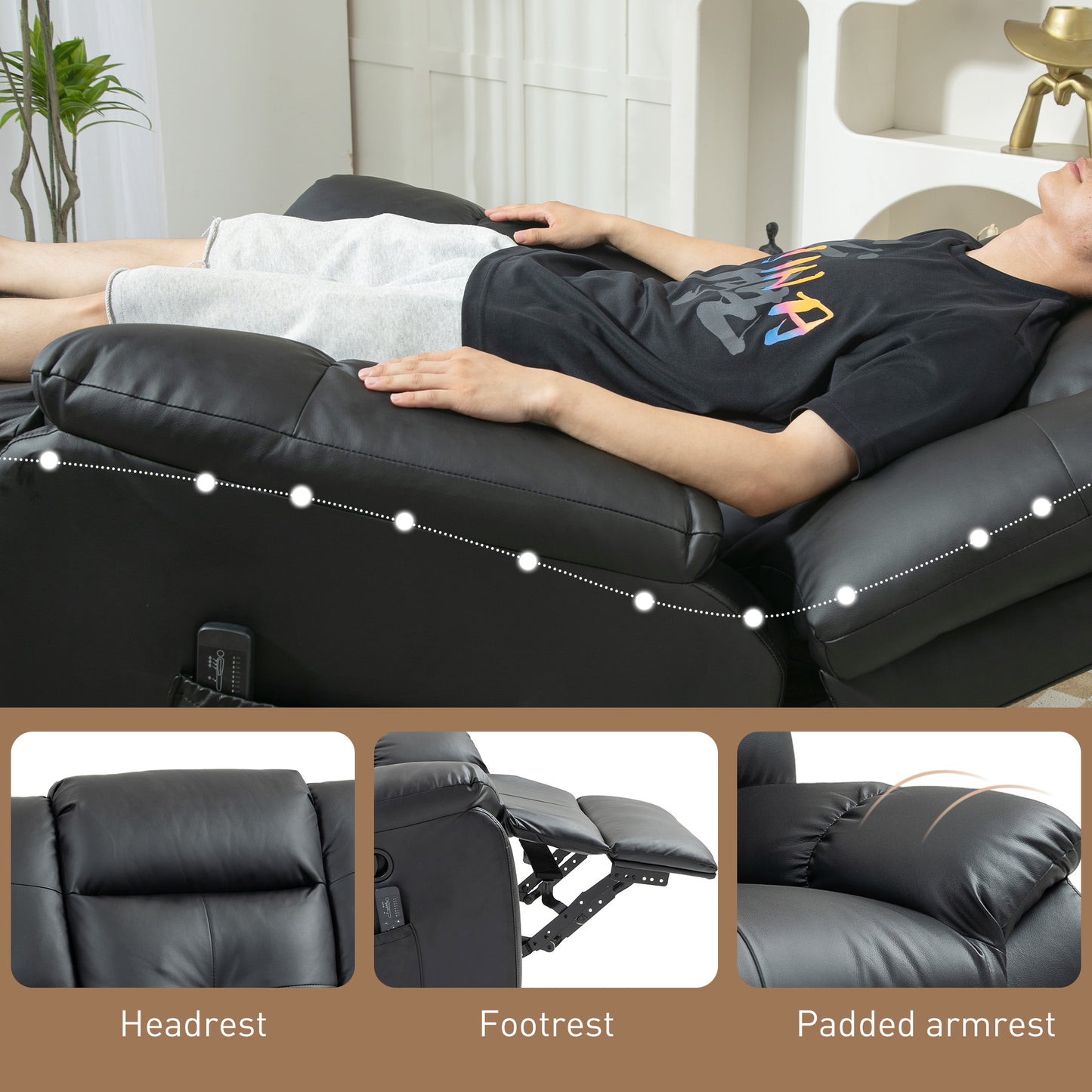 Fauteuil inclinable massant à vibrations 8 points en cuir, pivotant, poches latérales, noir