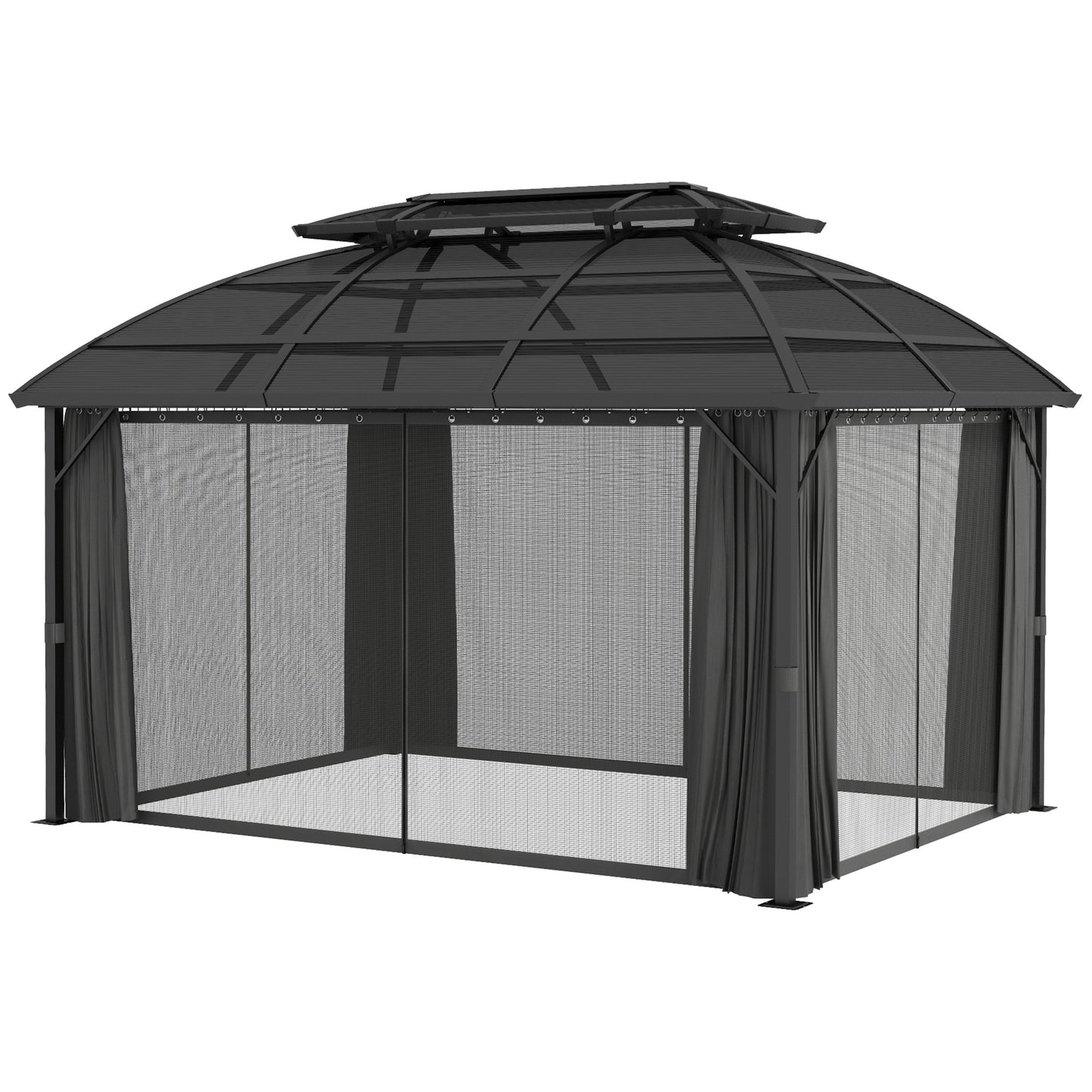 Gazebo 13' x 10', abri extérieur à double toit avec rideaux et cadre en aluminium, noir