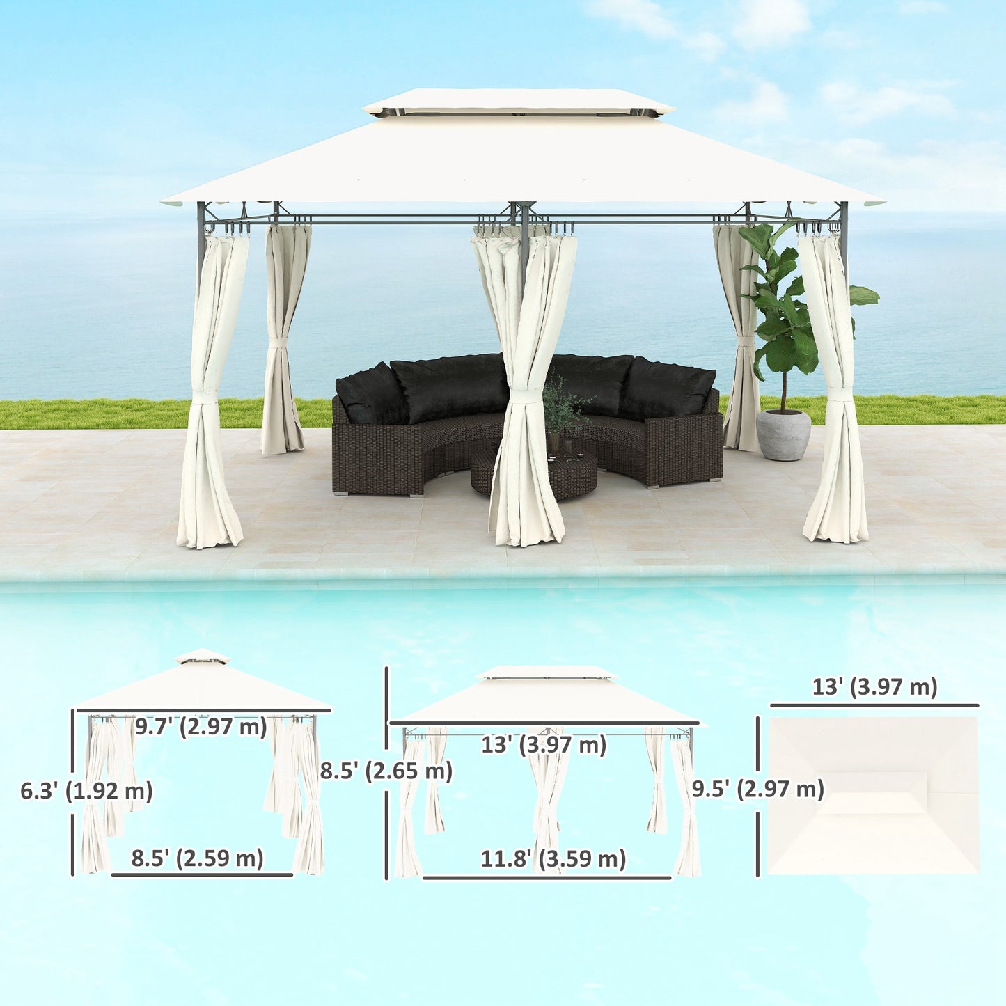 Tonnelle de jardin 10' x 13' à double toit, avec rideaux, blanc crème