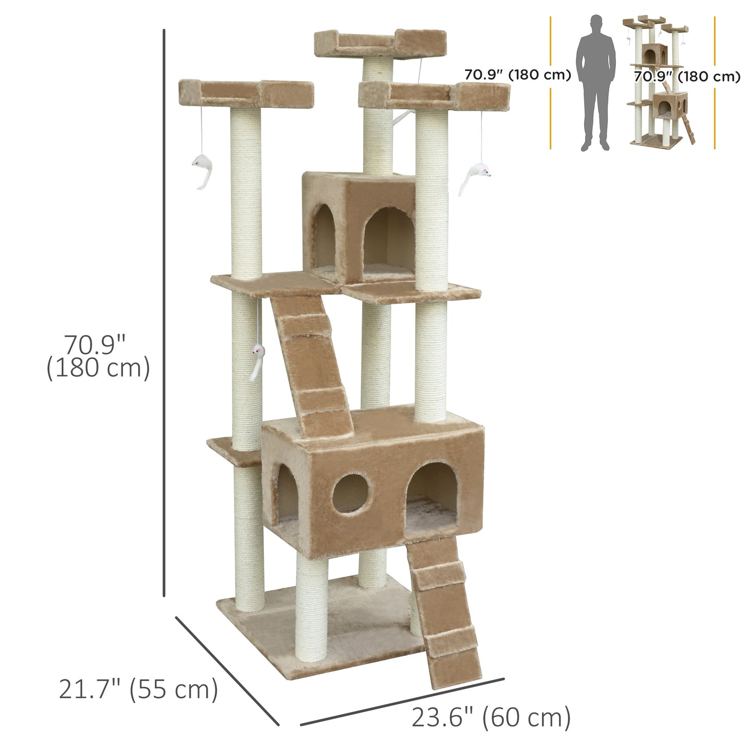 79" Cat Tree with Kitten Scratching Post, Activity Center and Toys, Beige