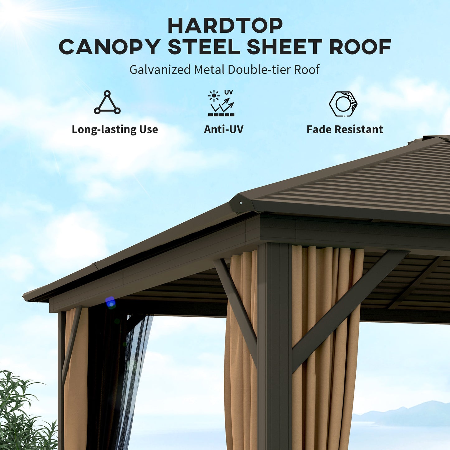 Gazebo 10' x 12' de luxe à toit rigide avec cadre en aluminium pour patio, café