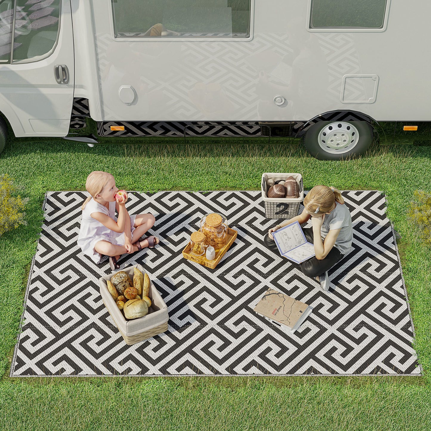 Reversible Outdoor Patio Rug, 1.5 x 2.4m Plastic Straw Mat for Garden, Patio, Beach, Camping, Black and White