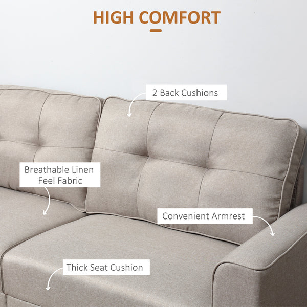 Canapé 3 places en lin avec assise rembourrée et pieds en bois, beige