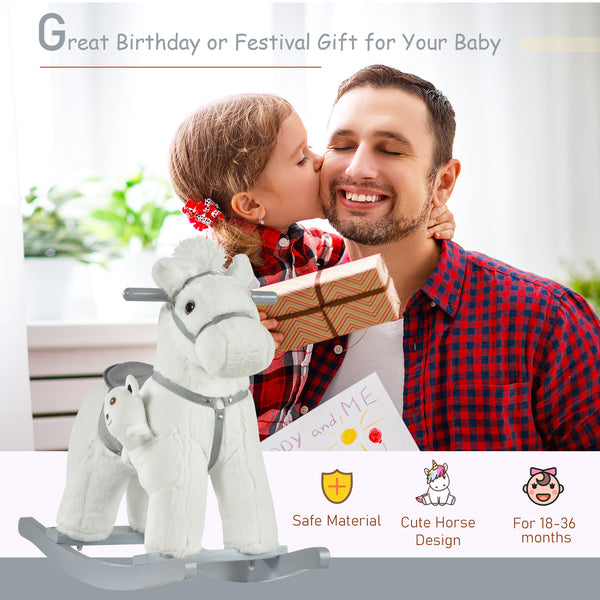 Plush Rocking Horse with Teddy Bear, White