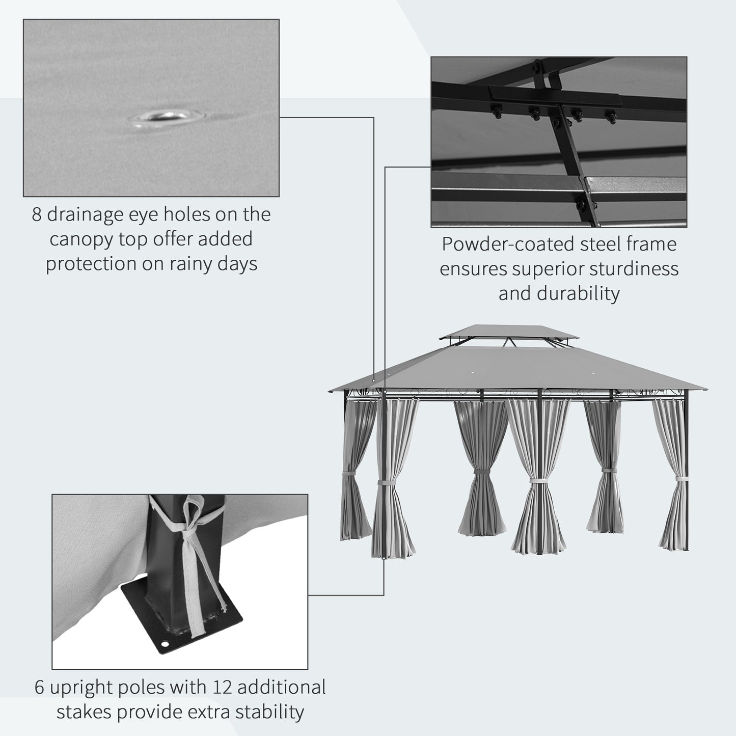 Gazebo 10' x 13', abri pare-soleil extérieur à 2 niveaux avec rideaux, gris foncé