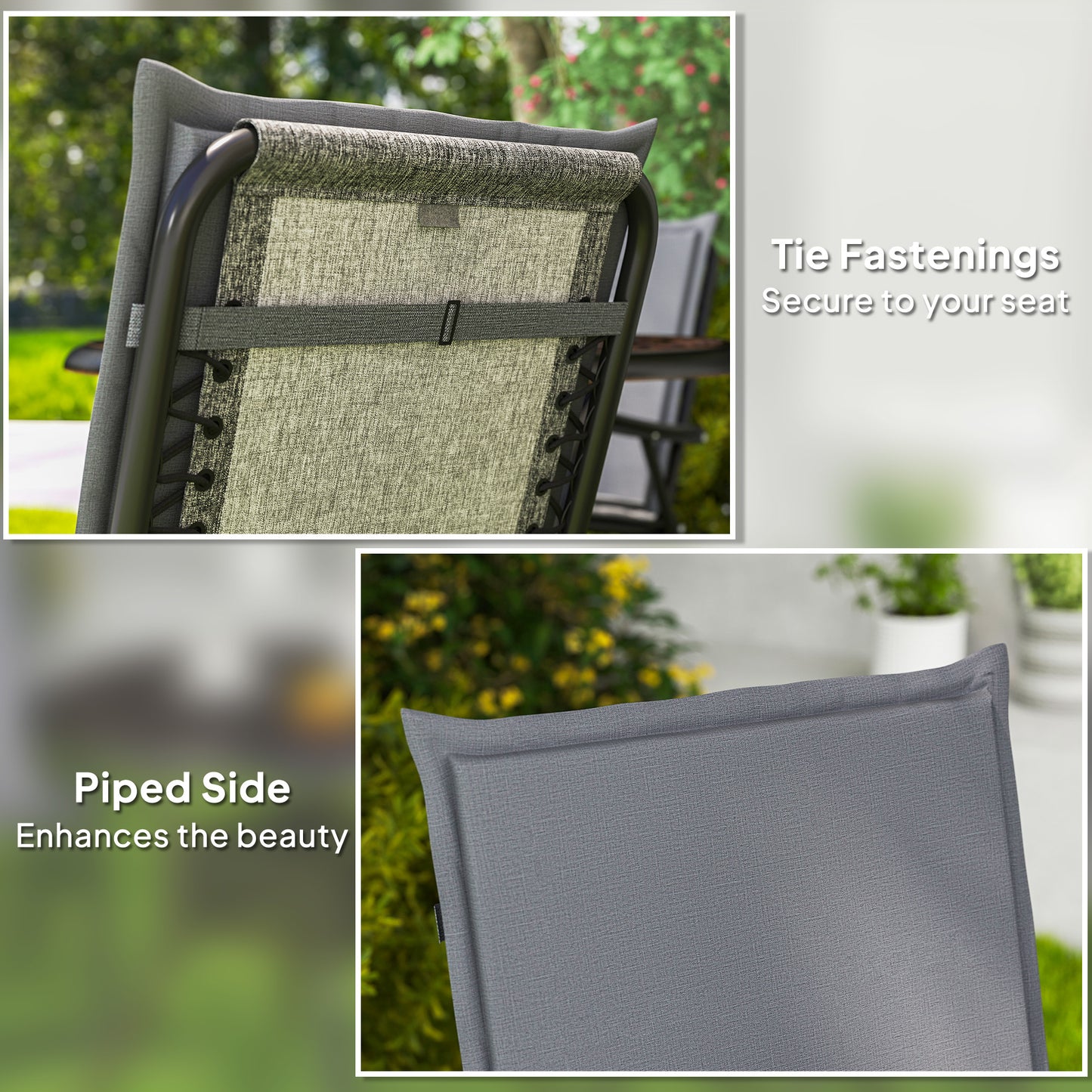 Coussins de chaise de jardin, lot de 2, avec attaches, protection UPF 50+, gris clair
