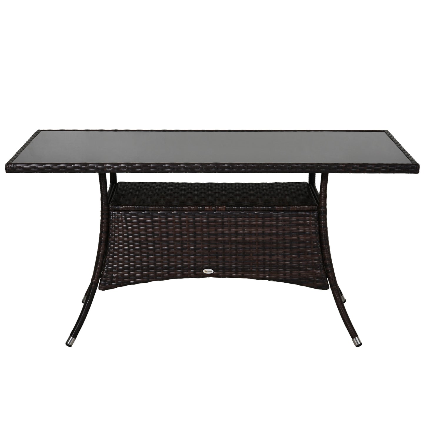 Table à manger en rotin avec plateau en verre et étagère de rangement, marron