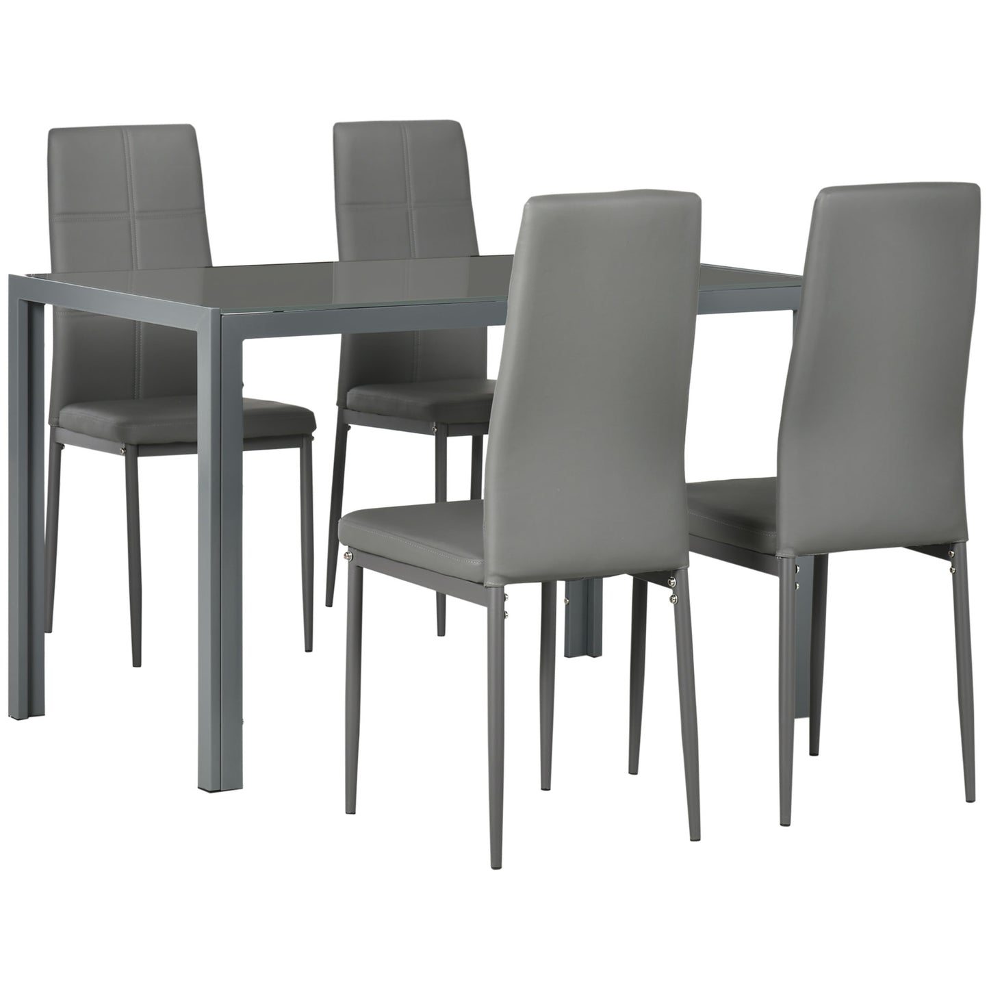 Ensemble tables et chaises de cuisine rectangulaires en verre avec structure en métal et revêtement en similicuir pour salle à manger, gris