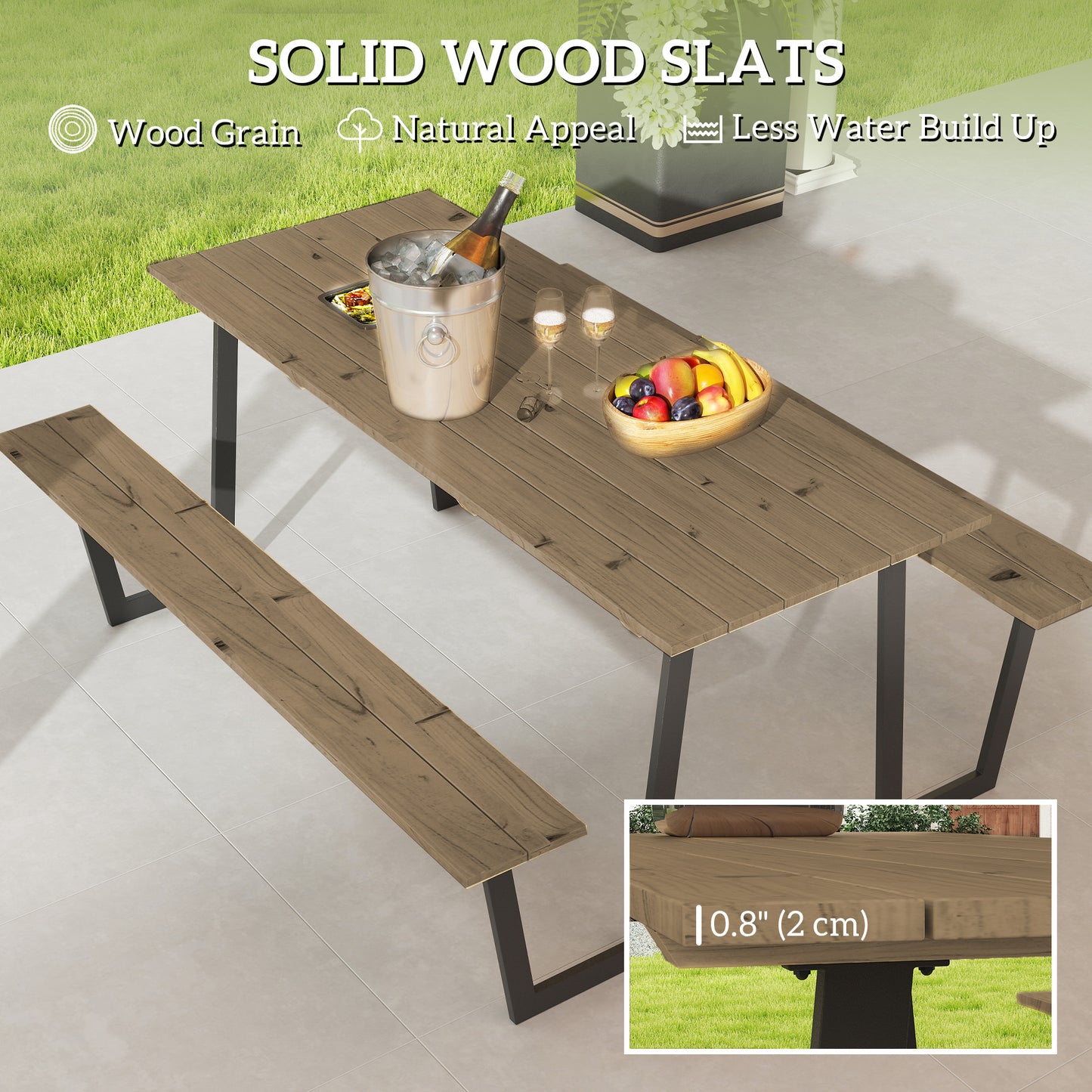 Table de pique-nique d'extérieur de 1,7 m (5,7 pi) avec trou pour parasol de 5 cm (2 po) avec cadre en acier, marron