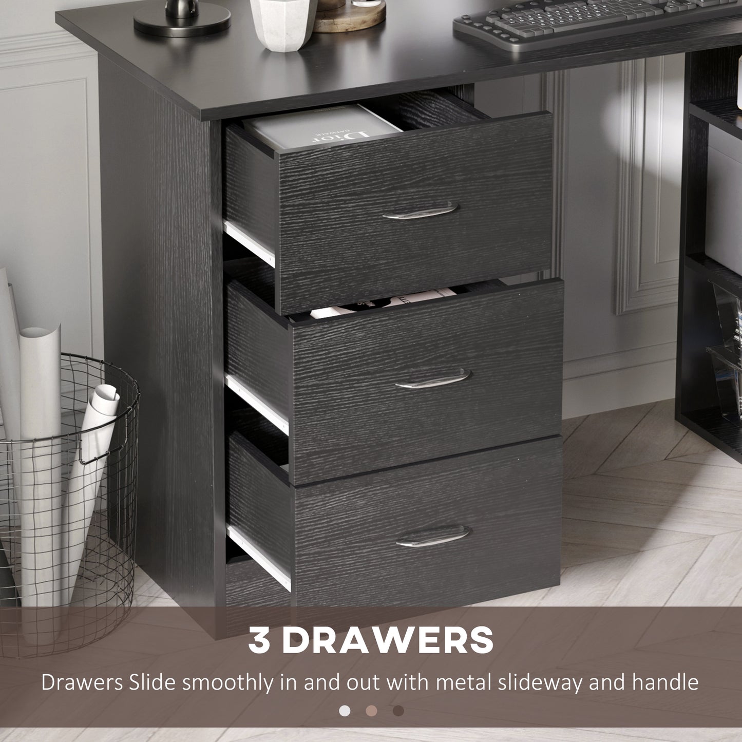 Bureau avec étagères de rangement à 3 niveaux avec tiroirs, noir