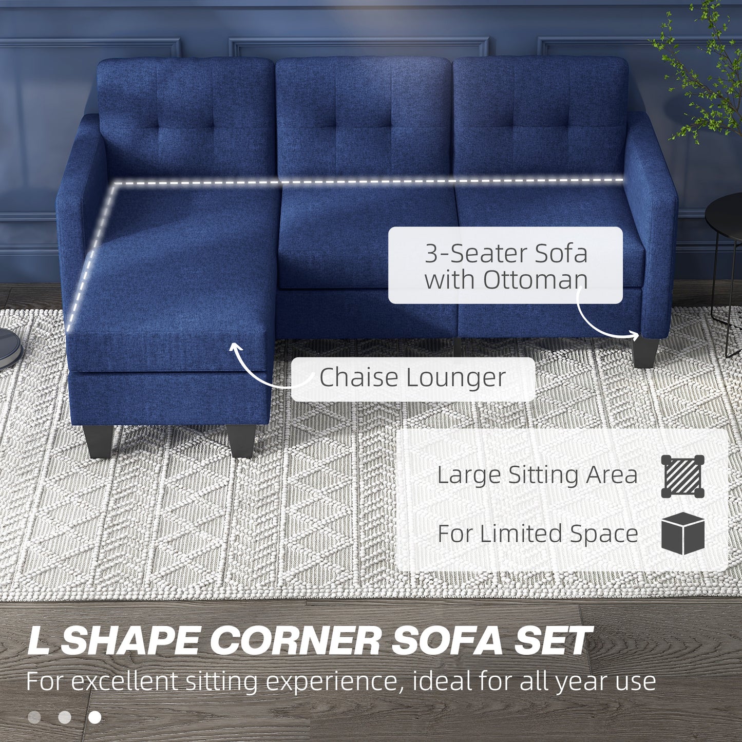 HOMCOM L-Shaped Corner Sofa, 3 Seater Sectional Sofa with Ottoman, Thick Cushion and Wooden Legs, Dark Blue