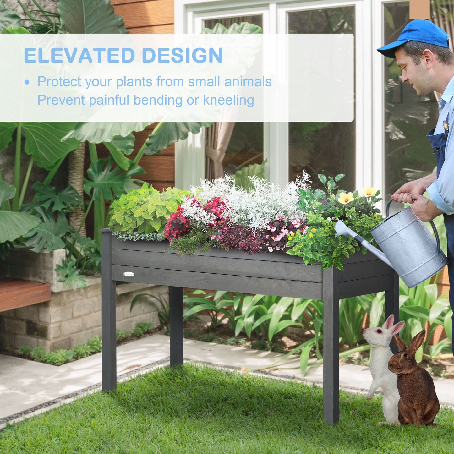 Outsunny Wooden Raised Bed 86 x 45 x 76 cm, Raised Planter with Legs, Drainage Holes, Inner Bag for Garden, Dark Grey