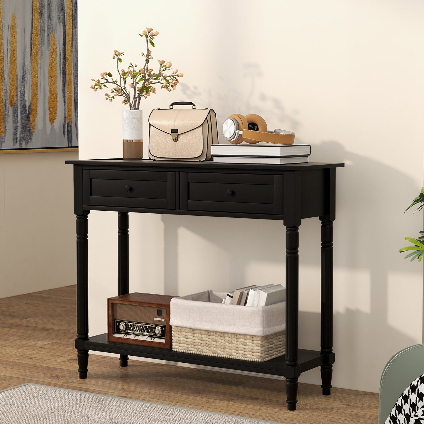 Console d'entrée moderne avec 2 tiroirs, étagère de rangement, noir
