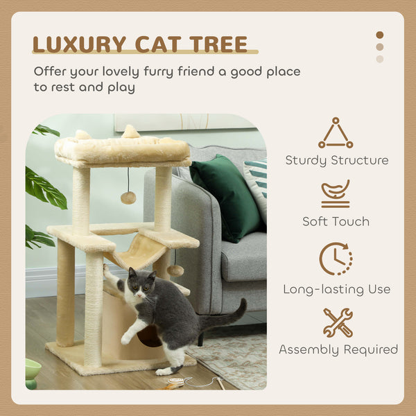 Arbre à chat à plusieurs niveaux de 99,25 cm avec griffoir, hamac, lit, balle et jouet - Beige